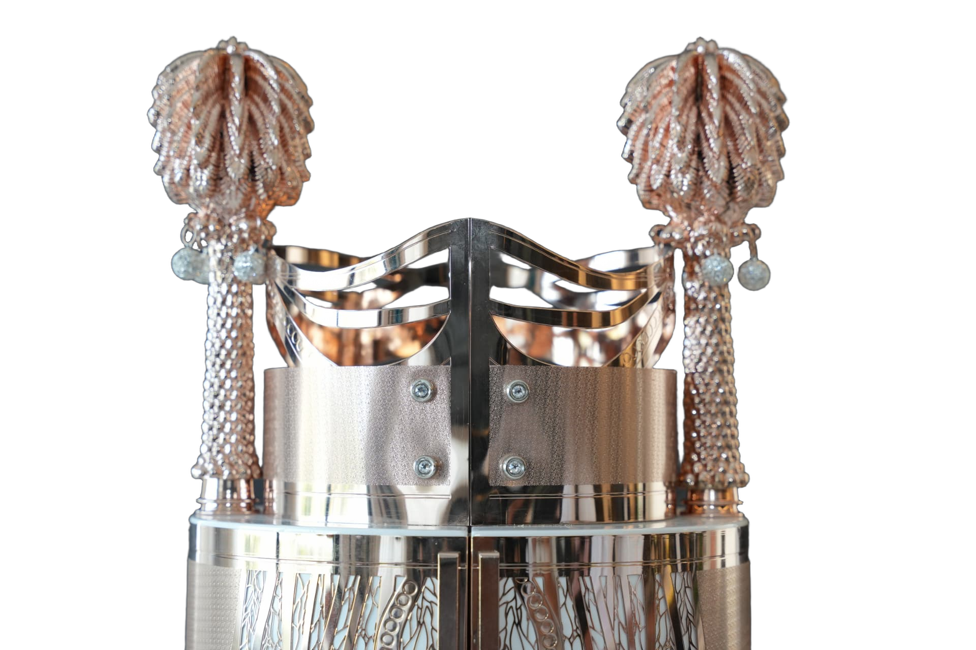 Rose-gold-tone carbon Torah case — Crown and finials close-up
