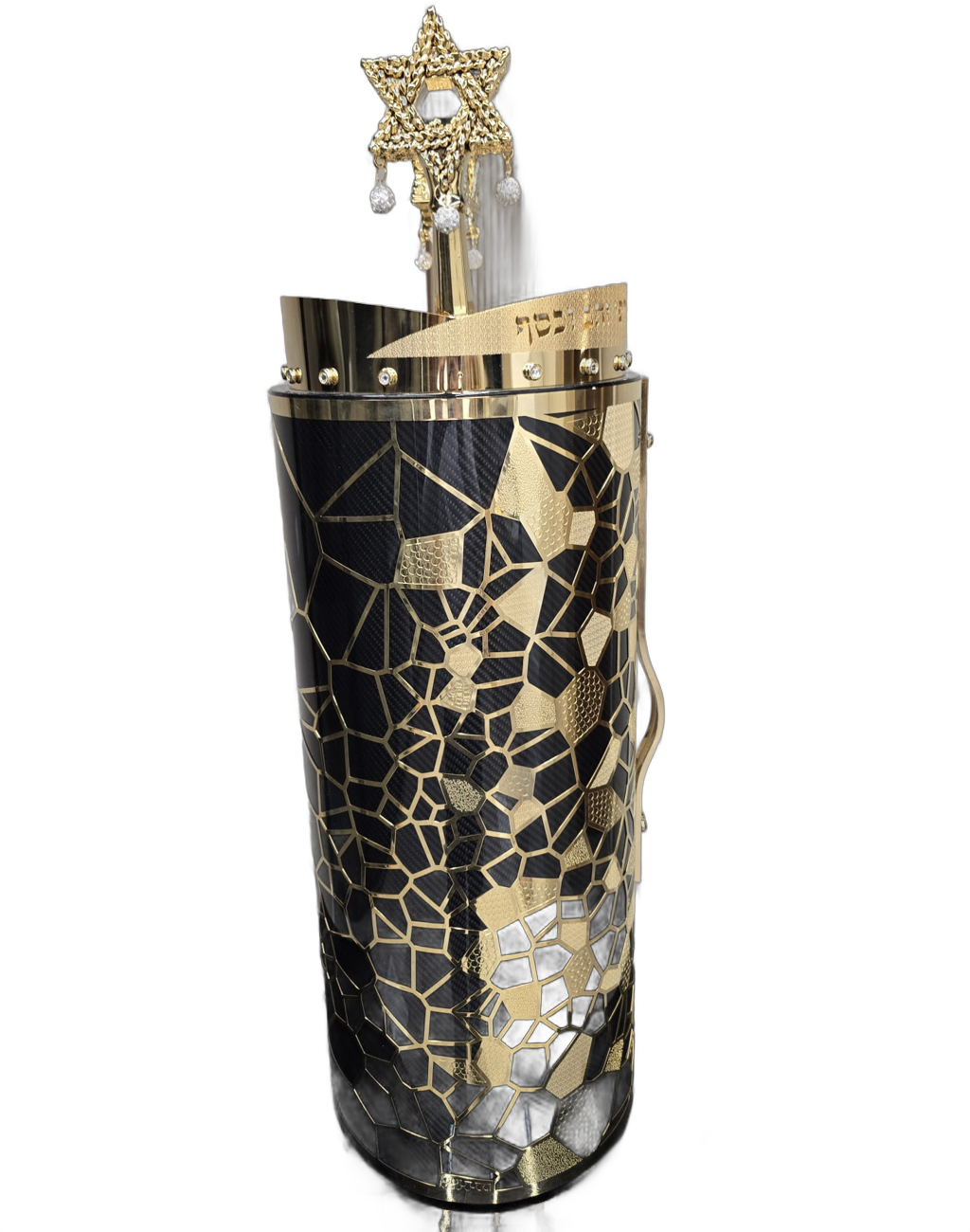 Gold-tone geometric carbon Torah case — Side view
