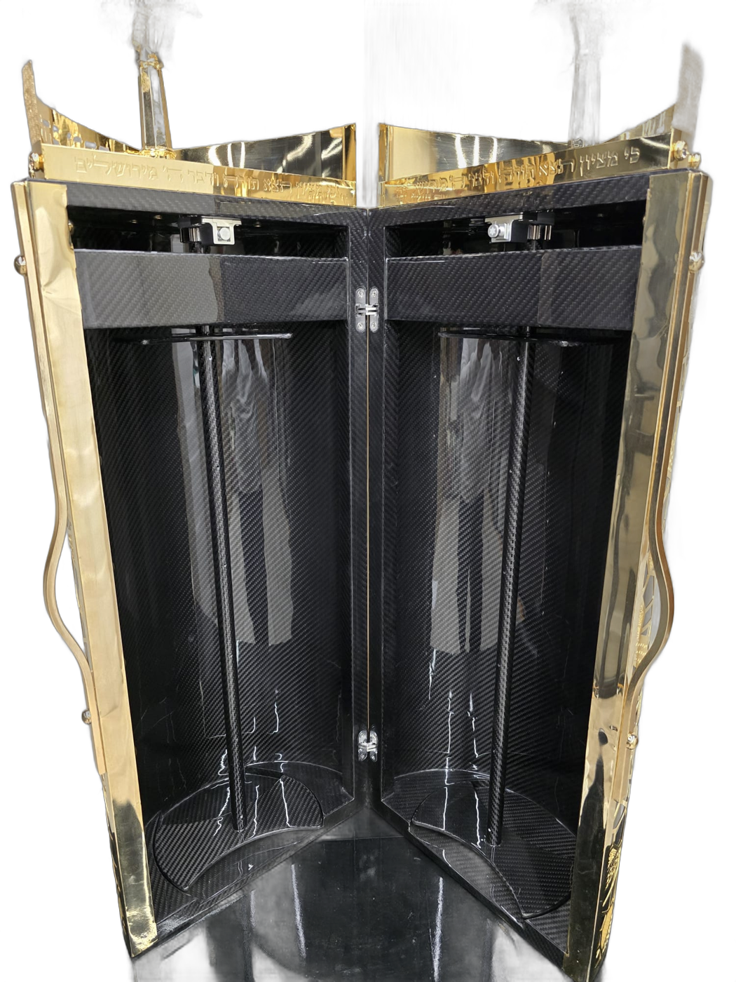 Gold-tone geometric carbon Torah case — Open interior