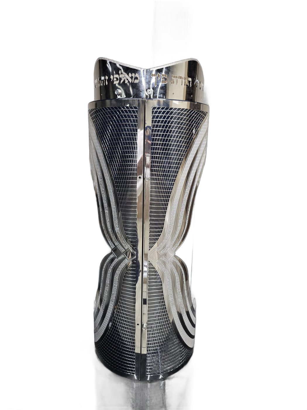 Silver-tone wave carbon Torah case — Front with engraved inscription