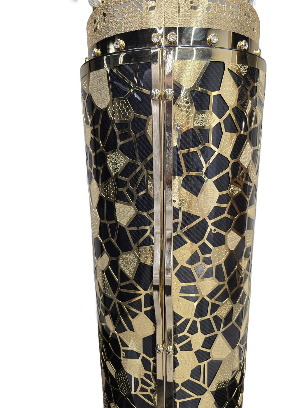 Gold-tone geometric carbon Torah case — Geometric ornamentation — close-up