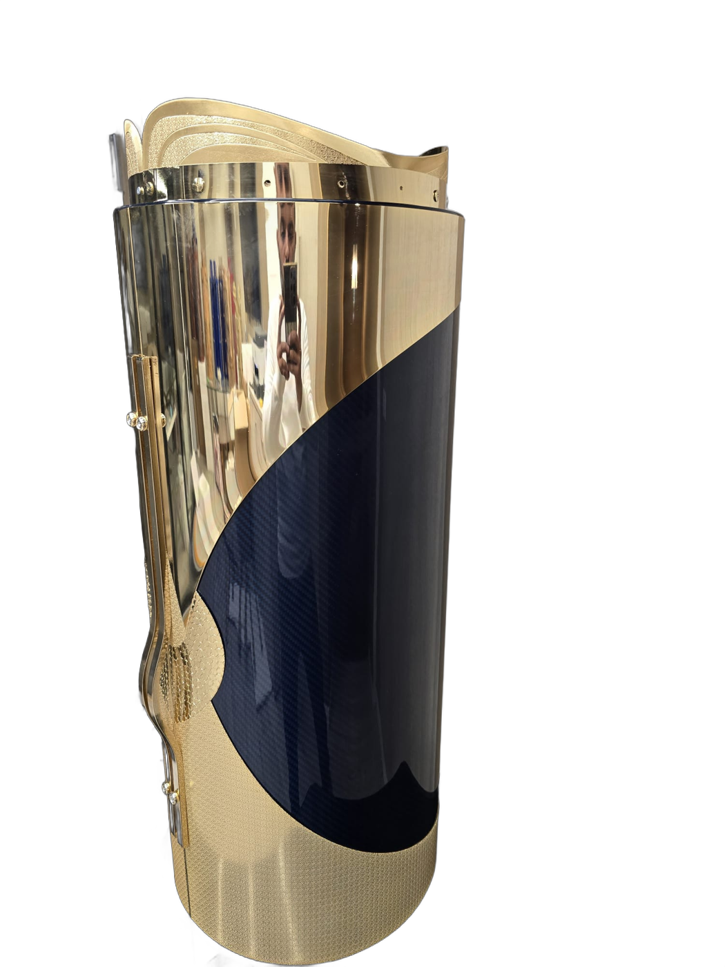 Gold-tone flame carbon Torah case — Side